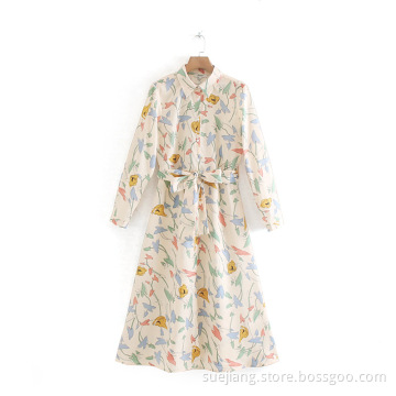 Colorful Floral Printed Shirt Dress With Belt